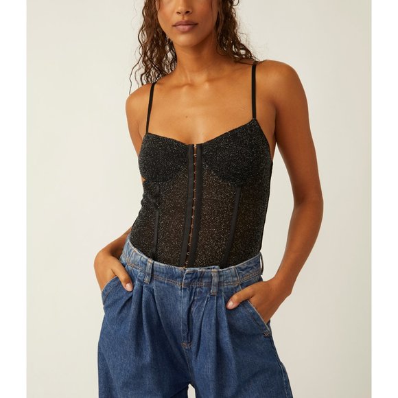 🆕 FREE PEOPLE Shimmer Night Rhythm Bodysuit / Black - Picture 2 of 9